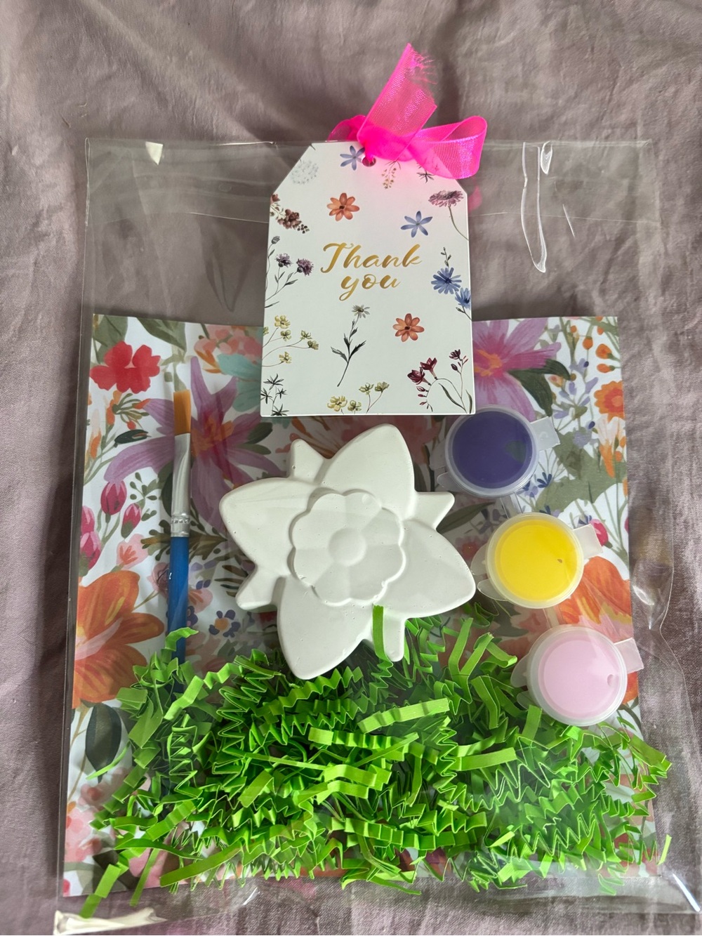 Party Craft Paint Kit with Pink Ribbon Thank You Tag - DIY Flower Favor
